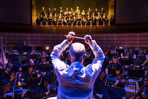 A conductor directs the orchestra during a live performance